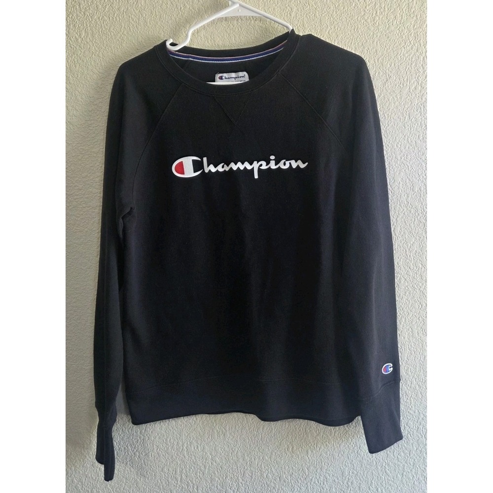 Champion Sweater Womens Medium Black Champaign Logo Y2K Long Sleeve Pullover